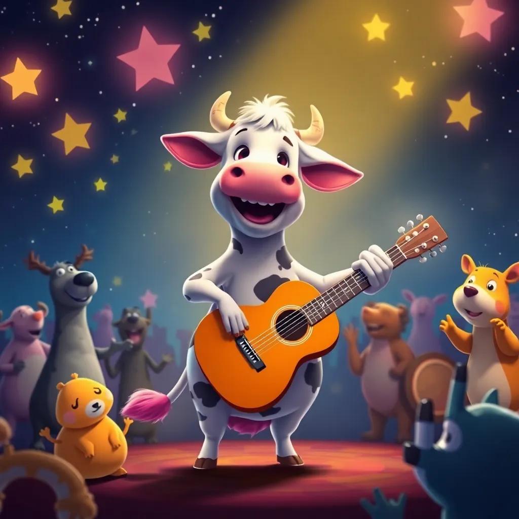 Lila the cow happily playing the guitar, animals dancing and enjoying the concert under the stars, joyful and colorful atmosphere, night scene, friendly celebration, high quality art