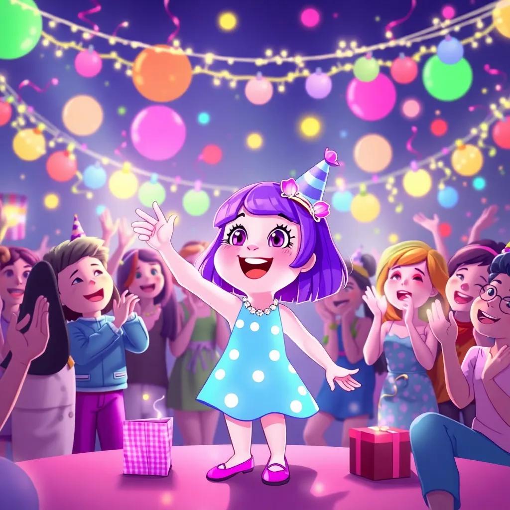 Lila and her friends enjoying a big party, with lights and decorations around, everyone cheering for Lila, bright happy colors, festive atmosphere, celebration-themed, high quality illustration