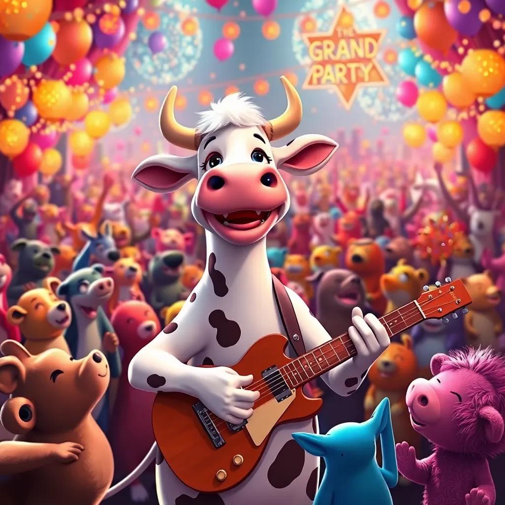 Lila the cow smiling and playing guitar in front of a big crowd at a grand party, animals clapping, lots of joy in the air, vibrant colors, detailed illustration, captivating scene