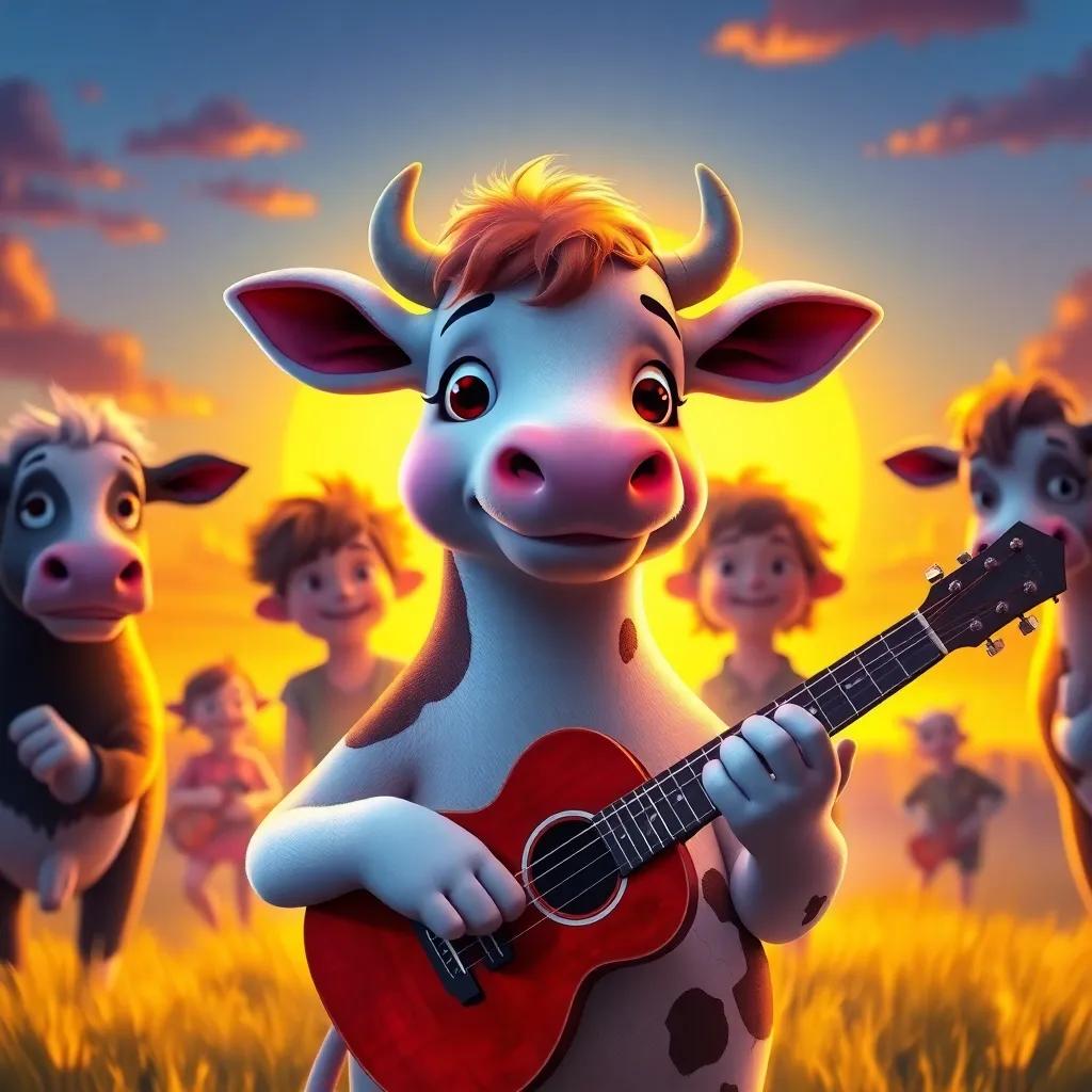 Lila the cow feeling proud with her guitar, surrounded by her friends who supported her, a warm sunset, glowing colors, a heartfelt moment, high quality digital art