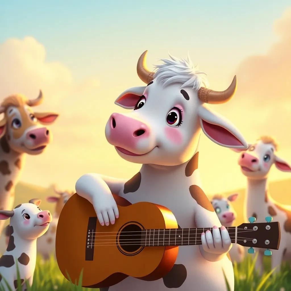 Lila the cow looking content, holding her guitar, reflecting on her journey, surrounded by her friends, soft warm light, serene and happy atmosphere, whimsical illustration