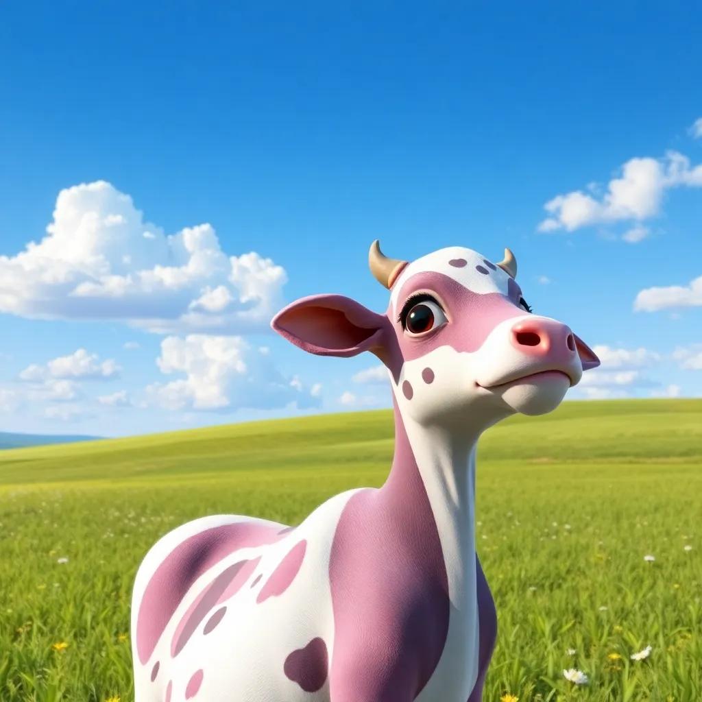 Una vaca soñadora, Lila, con manchas blancas y negras, mirando hacia el horizonte desde un campo verde bajo un cielo azul, digital art, vibrante, alegría, perspectiva cálida, calidad alta