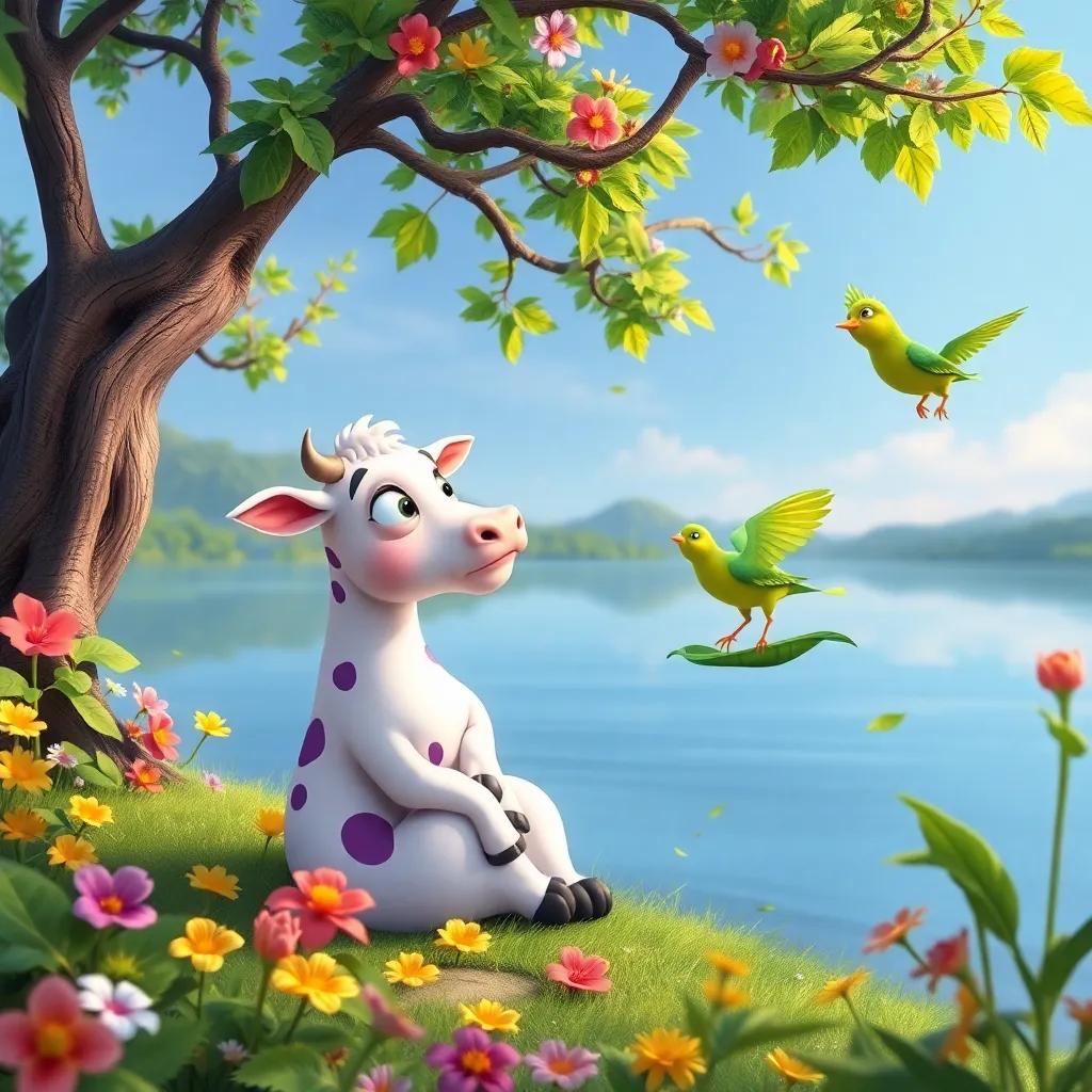 Lila, la vaca soñadora, sentada junto a un lago, mirando a Tito, una rana verde, que salta sobre una hoja, rodeados de flores y árboles, ilustración colorida, ambiente divertido, vista cercana, alta calidad