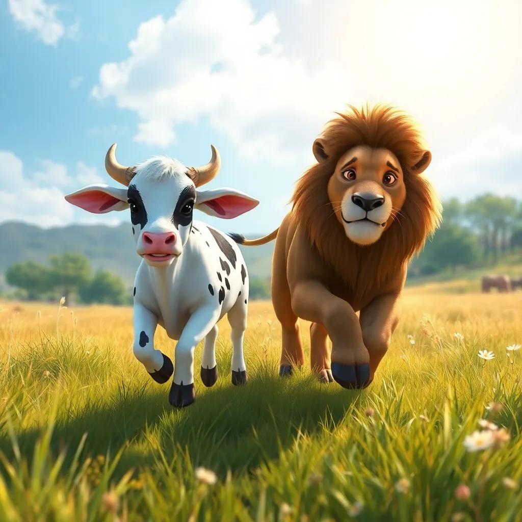 Lila, la vaca con manchas blancas y negras, corriendo en la sabana junto a Leo, un león joven con melena dorada, bajo un cielo soleado, digital painting, energía vibrante, aventura, perspectiva amplia, calidad alta