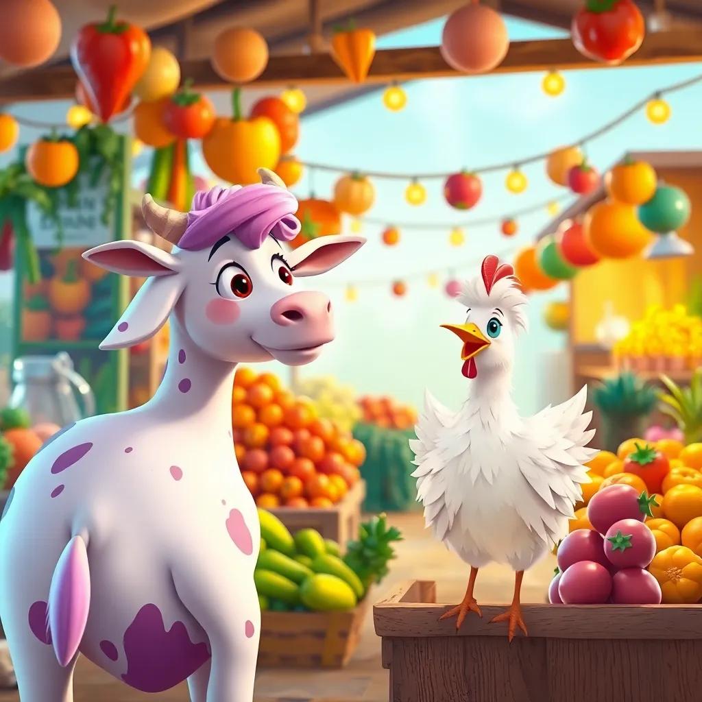 Lila, la vaca, mirando un mercado colorido lleno de frutas y verduras, rodeada de Clara, la gallina, con plumas brillantes, disfrutando de la celebración, ilustración alegre, ambiente animado, vista frontal, calidad alta