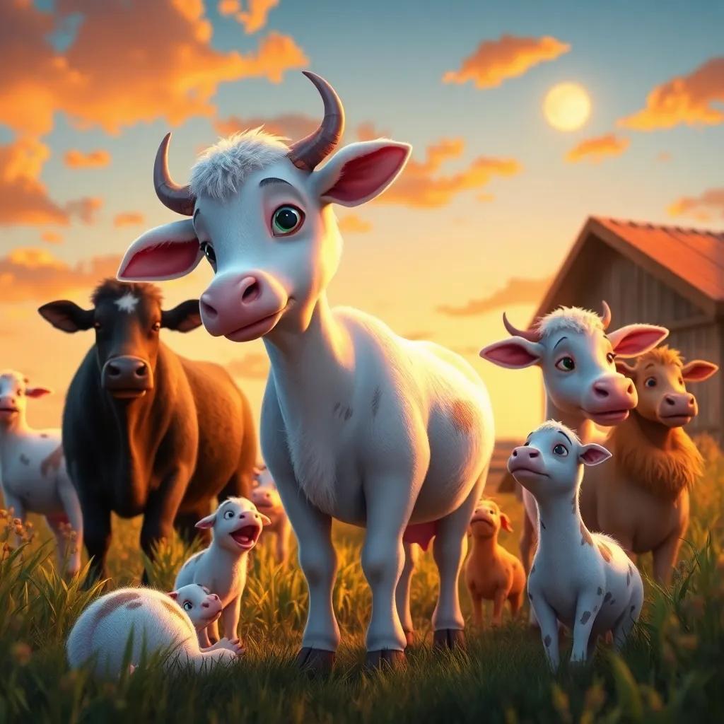 Lila, la vaca soñadora, regresando a la granja al atardecer, rodeada de sus amigos animales, compartiendo historias, un cielo naranja y cálido, digital art, sentimiento acogedor, alta calidad
