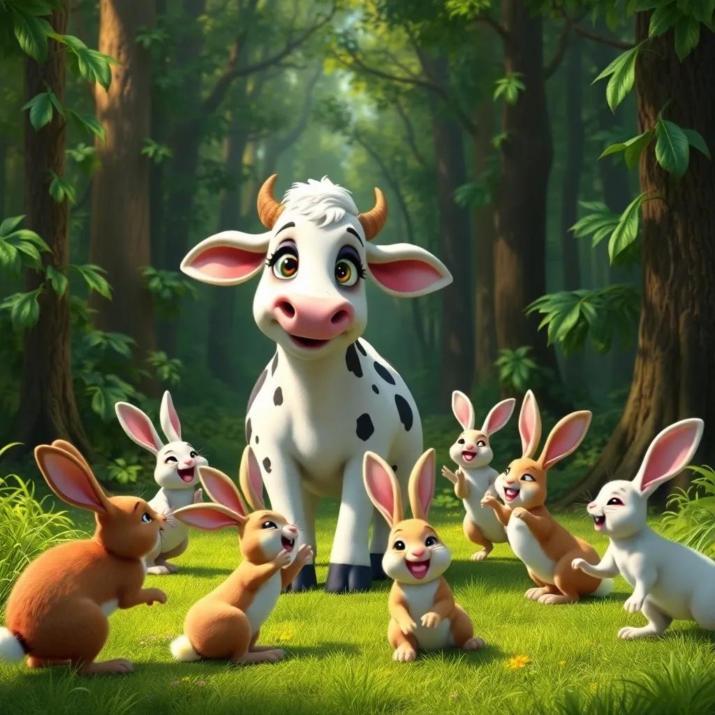 Luna the cow playing with a group of happy rabbits in a dense, lush forest, bright greenery around, rabbits jumping, laughing and enjoying, playful atmosphere, digital art, colorful