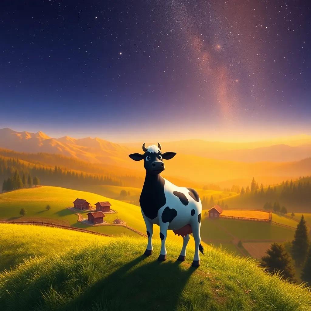 Luna the cow on a high hill overlooking her farm and golden mountains far away, twinkling stars beginning to appear in the night sky, a sense of wonder, fantasy-themed, digital art