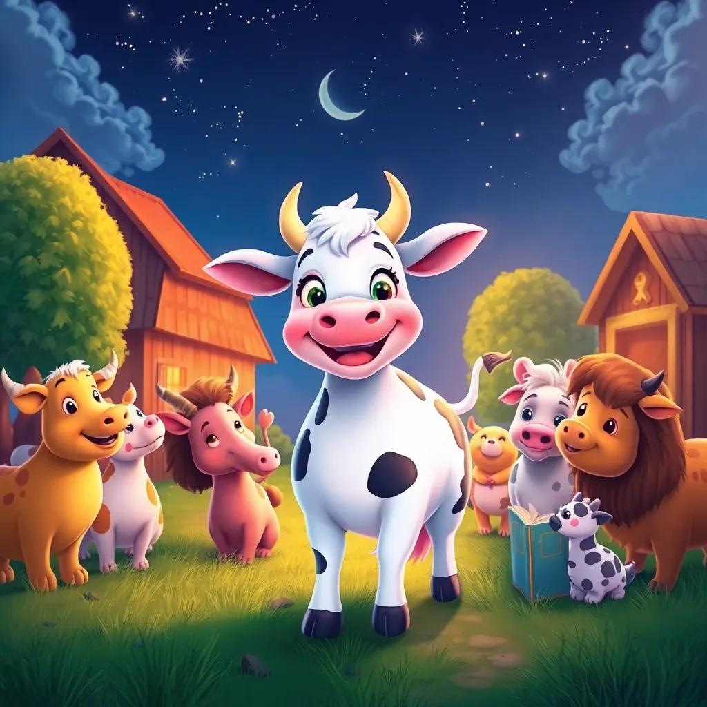 Luna the cow joyfully returning to the farm, reuniting with her animal friends, warm welcoming atmosphere, stories told under a starlit sky, colorful, heartwarming scene, illustration