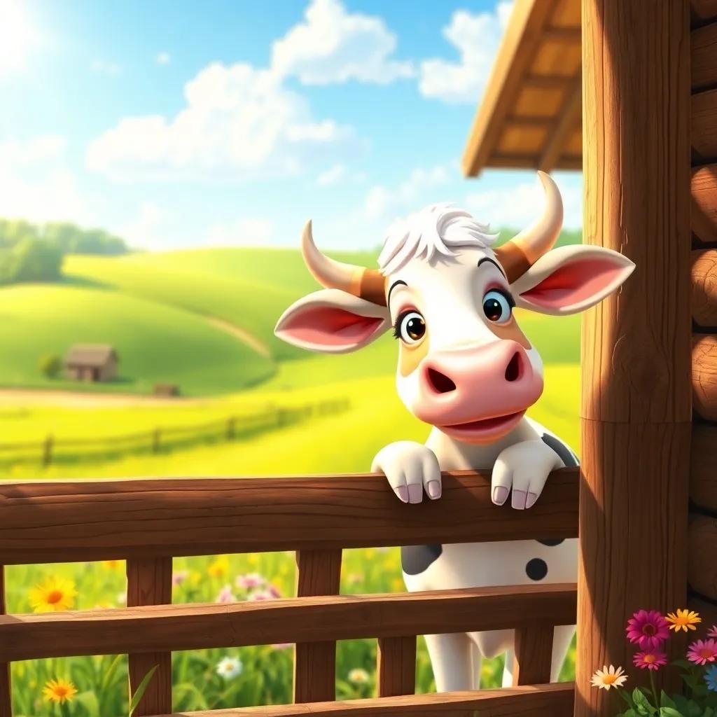 A dreamy cow named Lila, looking out from a wooden fence of a farm, with bright green fields in the background, sunshine, colorful flowers around, cheerful mood, digital art, vibrant colors, high quality
