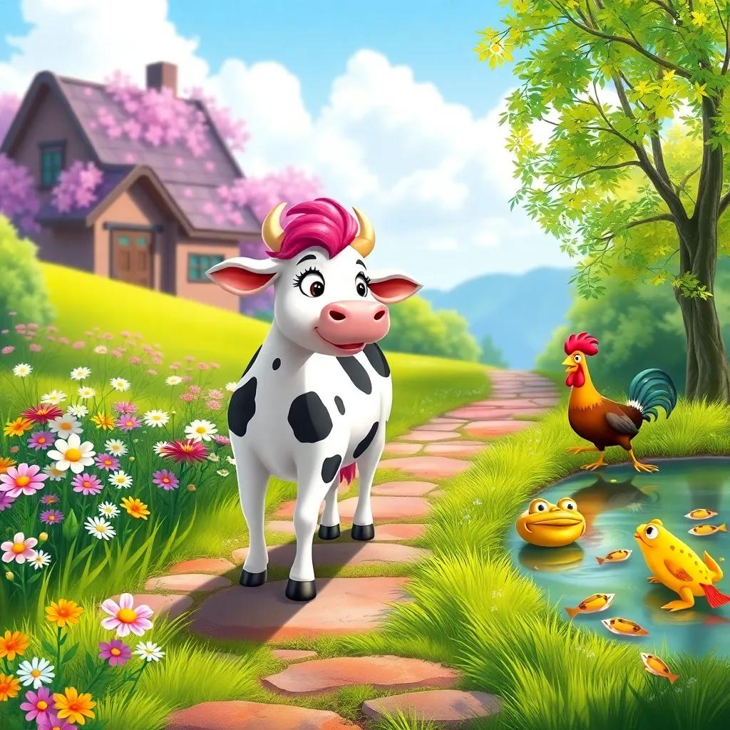 Lila the cow walking along a flowery path, with Carlos the rooster singing joyfully next to her, a pond nearby with jumping frogs and shiny fish, peaceful scenery, illustration, bright colors, child-friendly