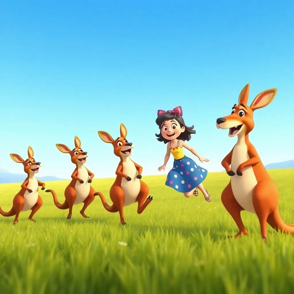 Lila and Carlos meeting happy kangaroos in a vast meadow, the kangaroos jumping excitedly, Lila joining in the fun, blue sky above, dynamic and lively atmosphere, cartoon style, cheerful