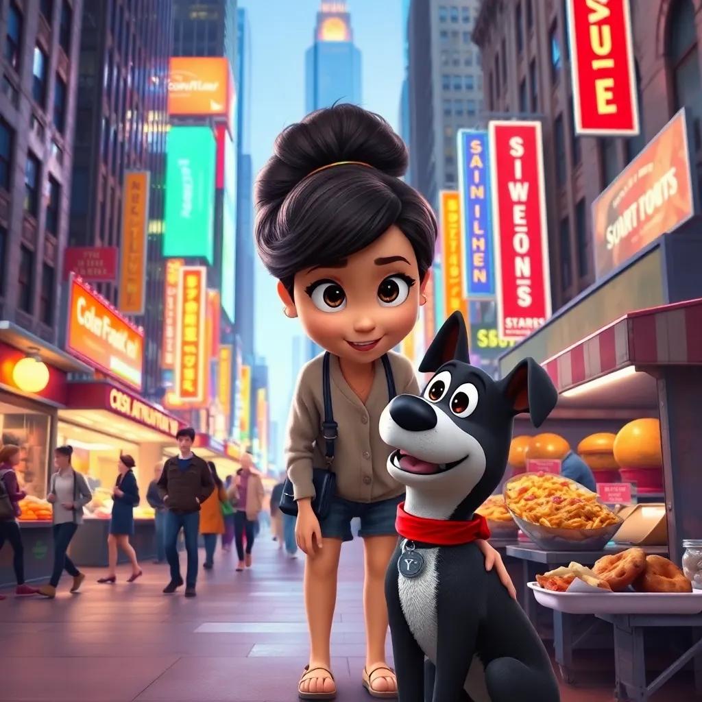 Lila encountering Max the smart dog in a bustling city, with tall buildings and bright lights, people walking by, various delicious foods on stands, vibrant and engaging, digital painting, realistic colors