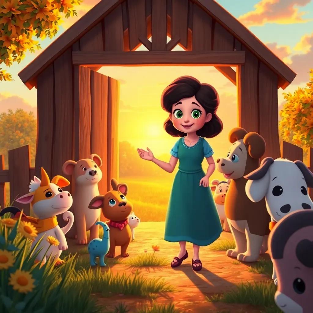 Lila returning to her farm, surrounded by her friends who are eager to hear her stories, warm sunset light creating a welcoming atmosphere, heartwarming scene, colorful, high quality