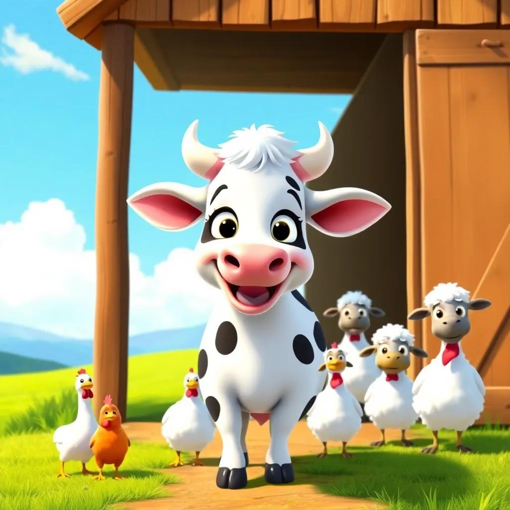Lulú the cow, with a big smile, stepping out of her barn, surrounded by friendly chickens and sheep, excited expression, sunny landscape, green grass and blue skies, illustration, joyful, adventure-themed, child-friendly