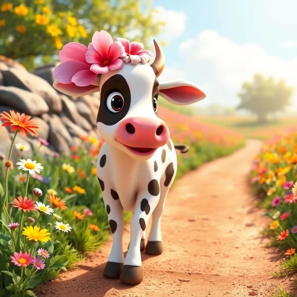 Lulú the cow, walking along a dirt path with colorful wildflowers, a close-up view of happy flora waving at her, smiling, warm sunlight, bright landscape, children-friendly digital art, cheerful, optimistic, high quality