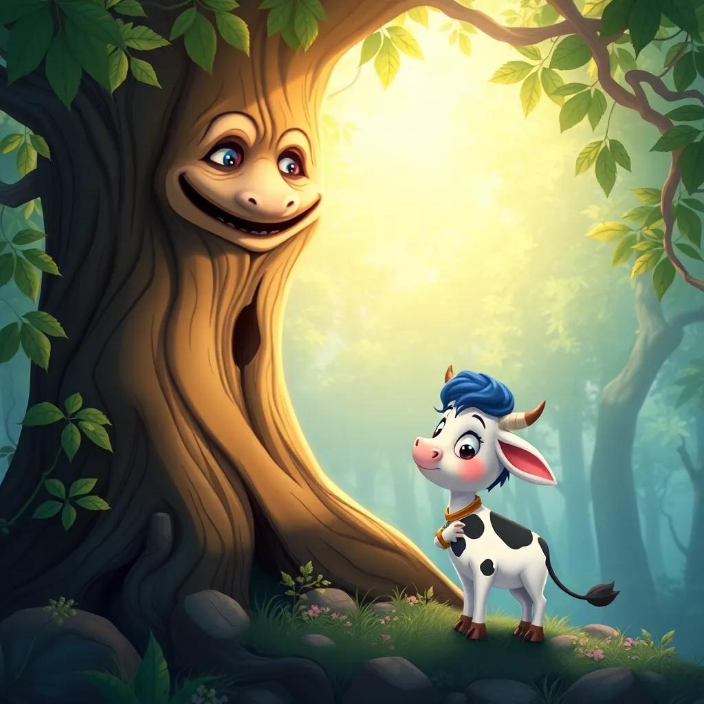 Lulú the cow, with adventurous spirit, meeting a wise old tree with a face, the tree smiling down at her, surrounded by a mystical forest, soft light filtering through leaves, enchanting atmosphere, fantasy illustration, beautiful colors, high quality