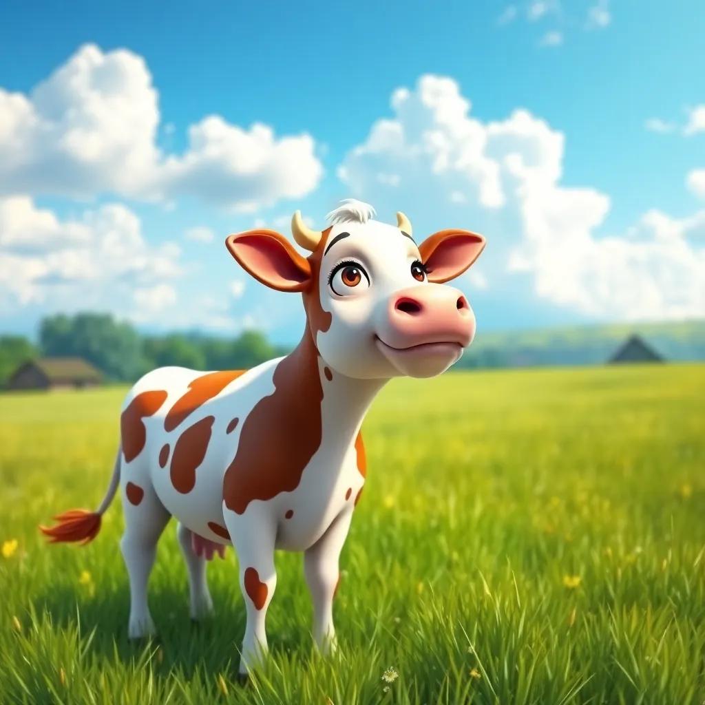 A dreamy cow, Lila, with brown and white spots, standing in a green field, gazing at the sky with wonder, bright blue clouds above, digital art, vibrant colors, welcoming nature, high quality