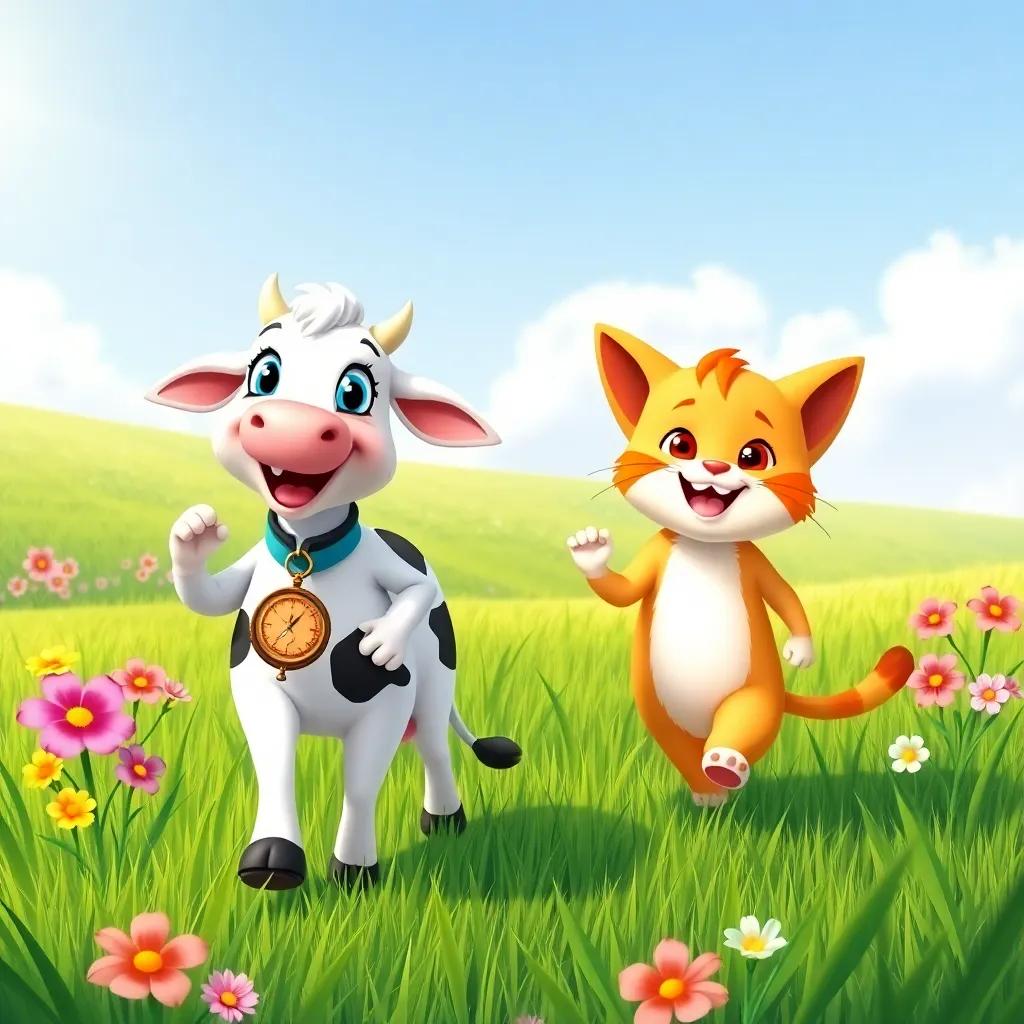 Lila the cow and Miau the cat, walking with a compass in the field, green grass around, they look excited and happy, colorful flowers blooming near them, cheerful scenery, illustration, child-friendly, vibrant