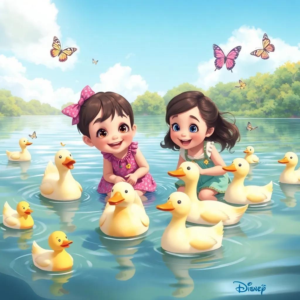 Lila and Miau playing with some ducks at a lake, ducks swimming happily, sunny day, butterflies fluttering around, friendly atmosphere, digital painting, soft colors, joyful scene, high quality