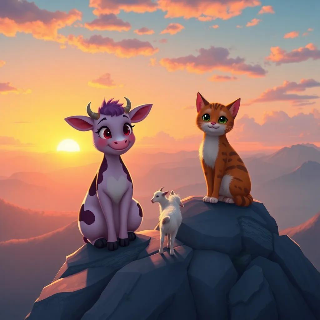 Lila the cow and Miau the cat at the top of a mountain with a goat, sunrise view with warm colors, the horizon glowing, panoramic landscape, peaceful and magical atmosphere, illustration, detailed