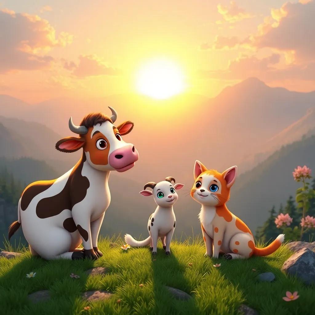 The cow, Lila, and Miau the cat enjoying a sunrise view from the mountain with a friendly goat, soft sun rays illuminating the scene, whimsical feeling, vivid colors, charming, digital art