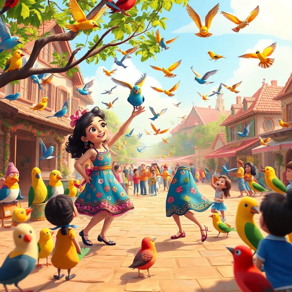 Lila and Miau dancing with birds in a vibrant village square, colorful birds all around, children joining the fun, lively and festive atmosphere, illustration, bright and cheerful, high quality