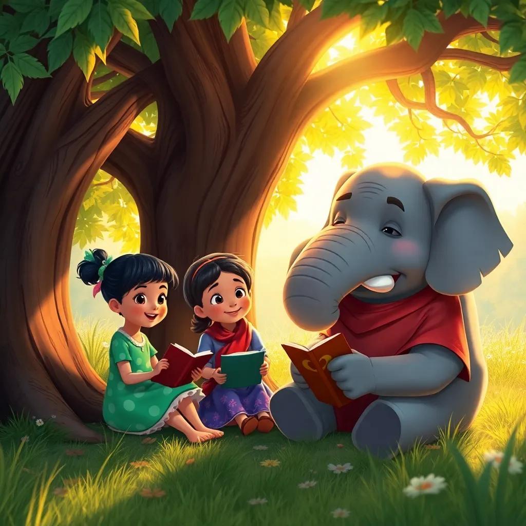 Lila, Miau, and a wise elephant sitting together under a big tree, sharing stories, warm sunlight filtering through the leaves, peaceful vibe, illustration, heartwarming, rich colors