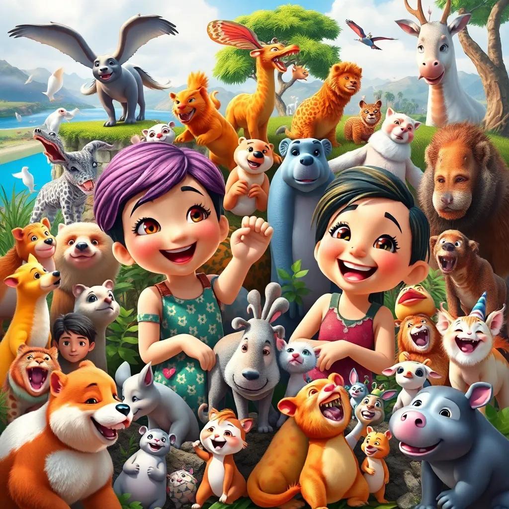Lila and Miau happily learning from many different animals in various environments, collage of scenes from their adventures, joyful expressions, engaging and vivid, digital art, vibrant