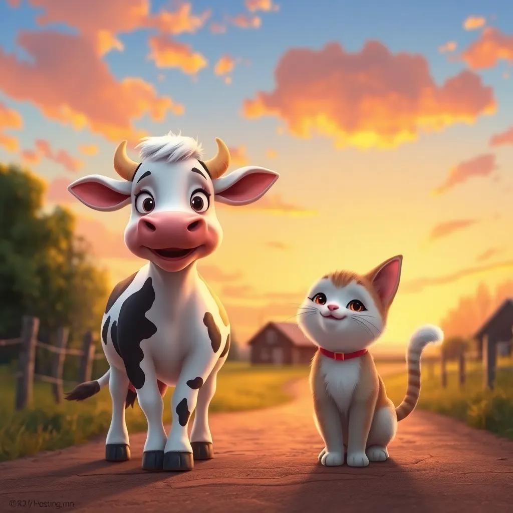 Lila the cow and Miau the cat returning home at sunset, the farm in the background, warm colors in the sky, the friends smiling at each other, heartwarming scene, digital painting, bright colors, charming