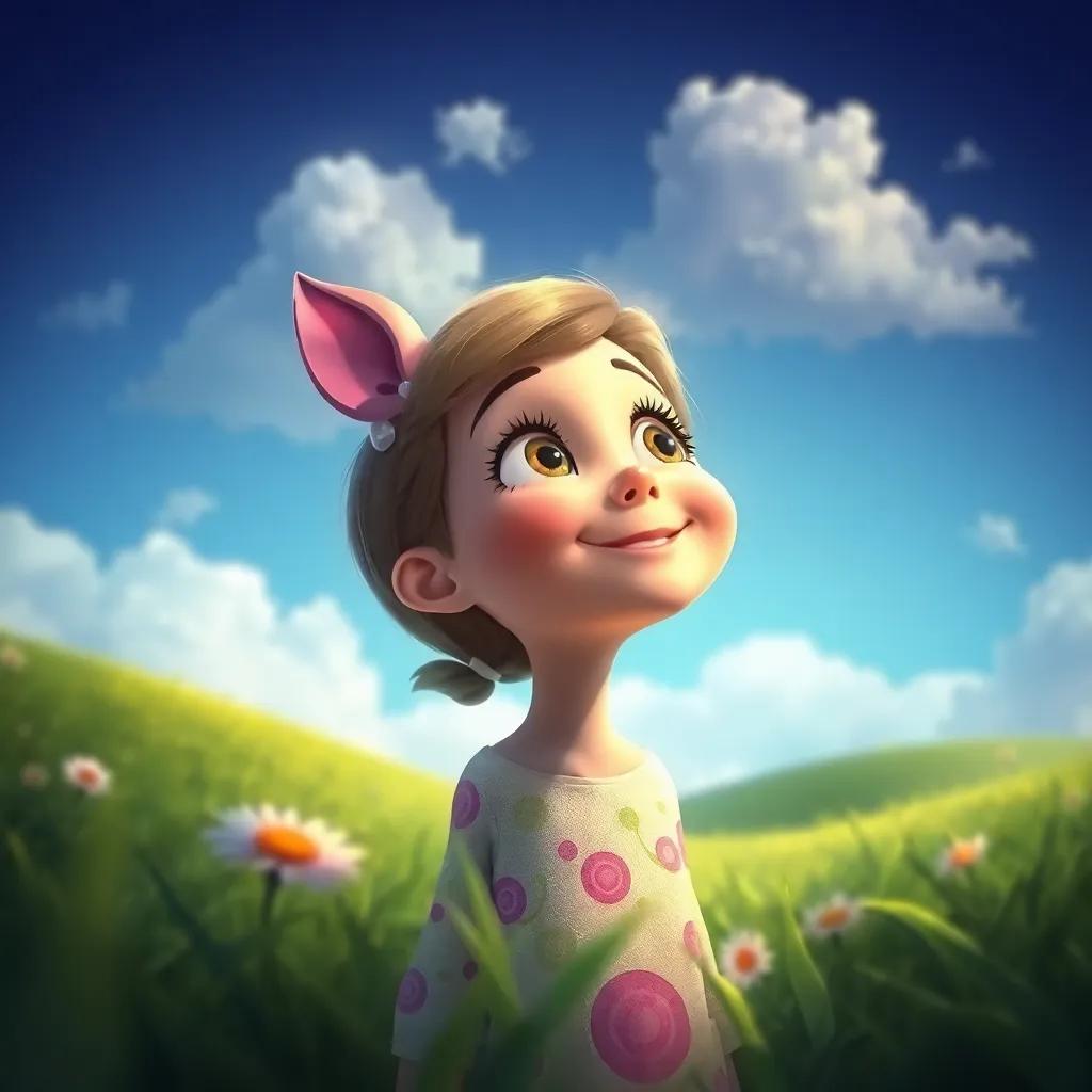 Lila looks at the sky with determination, a dreamy expression, green fields around her, happy and content, whimsical feeling, digital art, colorful, inviting atmosphere, high quality