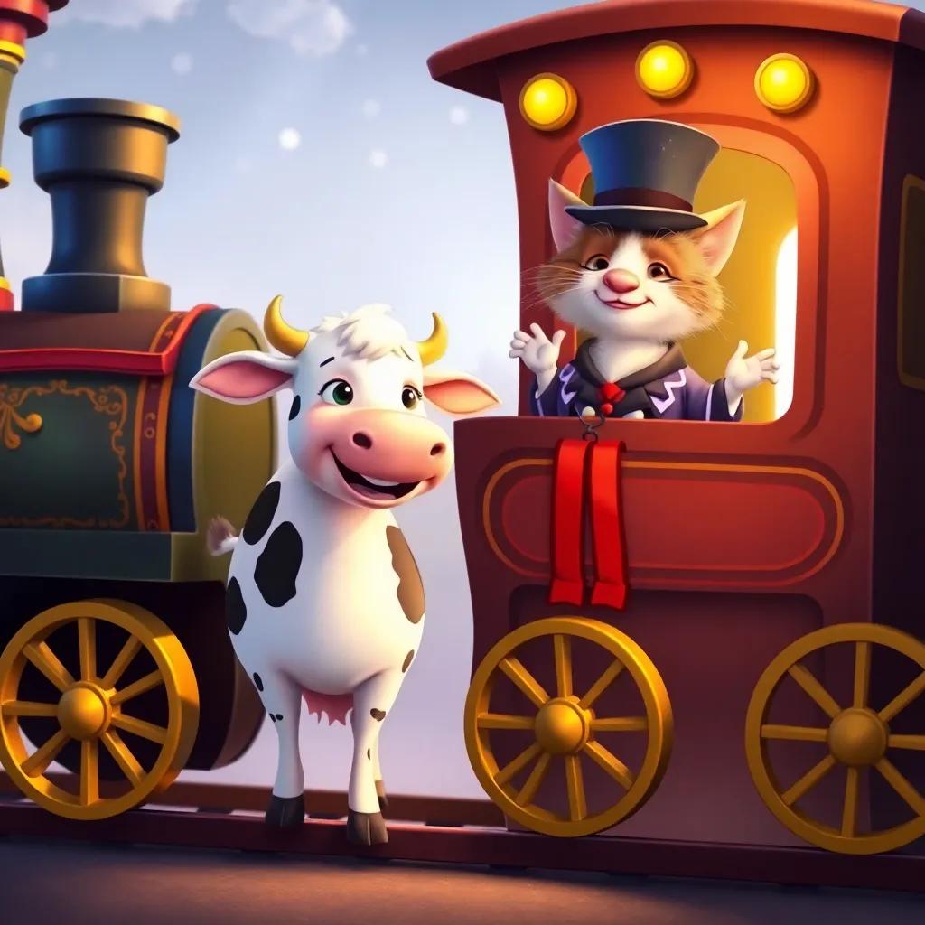Luna, the cow, happily boarding a magical train with golden wheels, a cheerful cat conductor in a top hat smiling at her, whimsical design, warm light, joyful setting