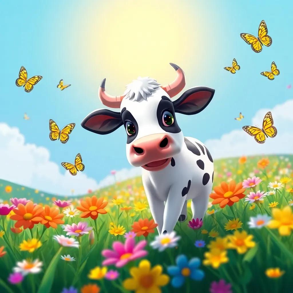 Luna, the cow, exploring a colorful field full of flowers and cheerful butterflies around, bright sunshine, vivid flowers, cartoon style, inviting landscape