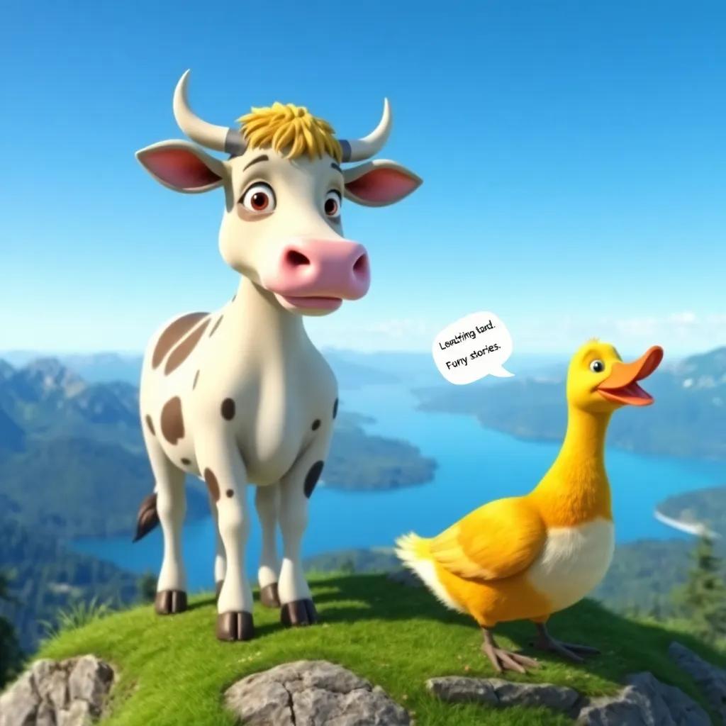Luna, the cow, standing on a mountain with a beautiful blue lake below, friendly duck sharing funny stories, clear blue sky, scenic view, uplifting