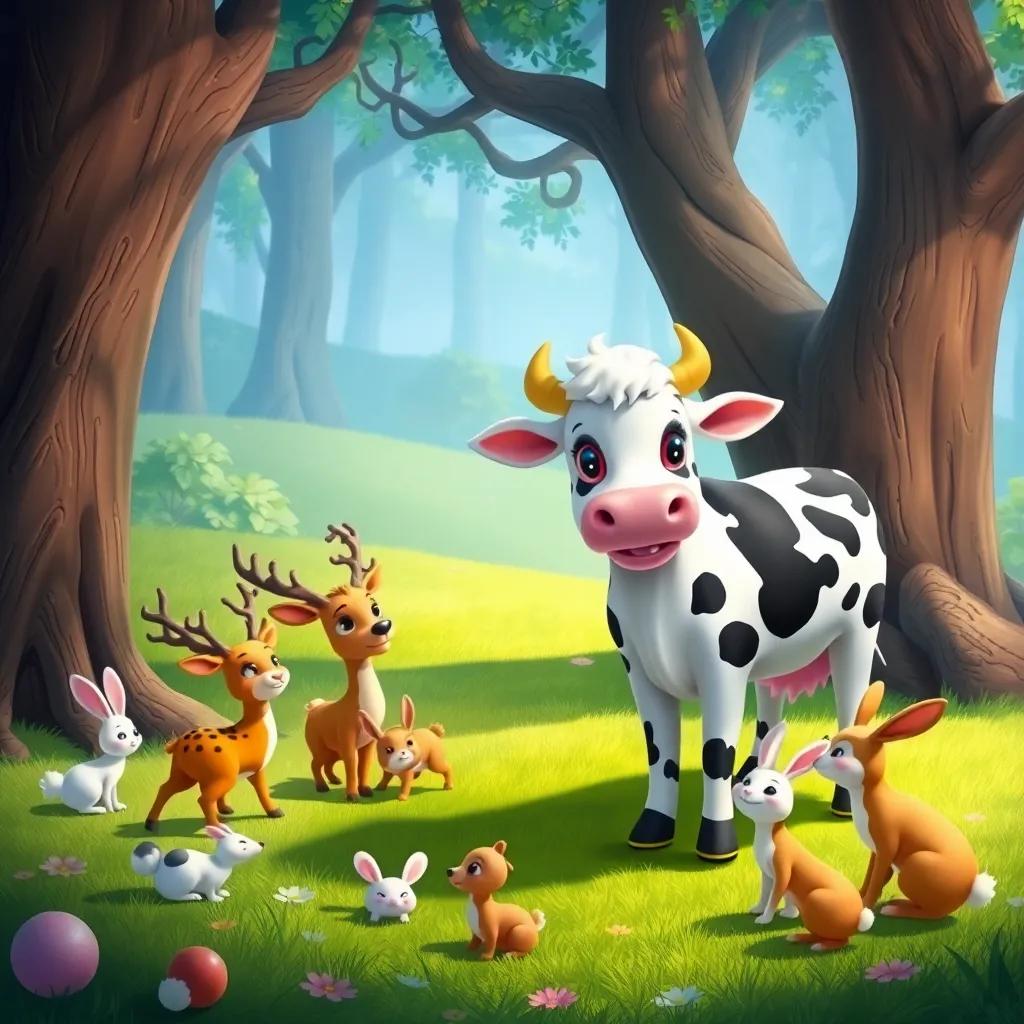 Luna, the cow, playing with friendly deer and rabbits in an enchanted forest, large trees and playful shadows, whimsical, colorful, magical atmosphere