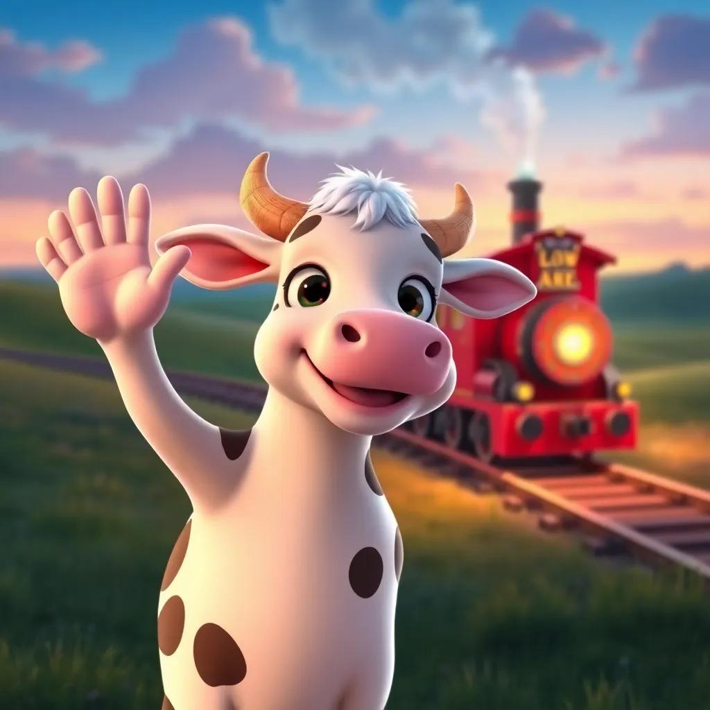 Luna, the cow, waving goodbye to her new friends with a smile, vibrant background showing the magical train leaving, emotional scene, calming colors