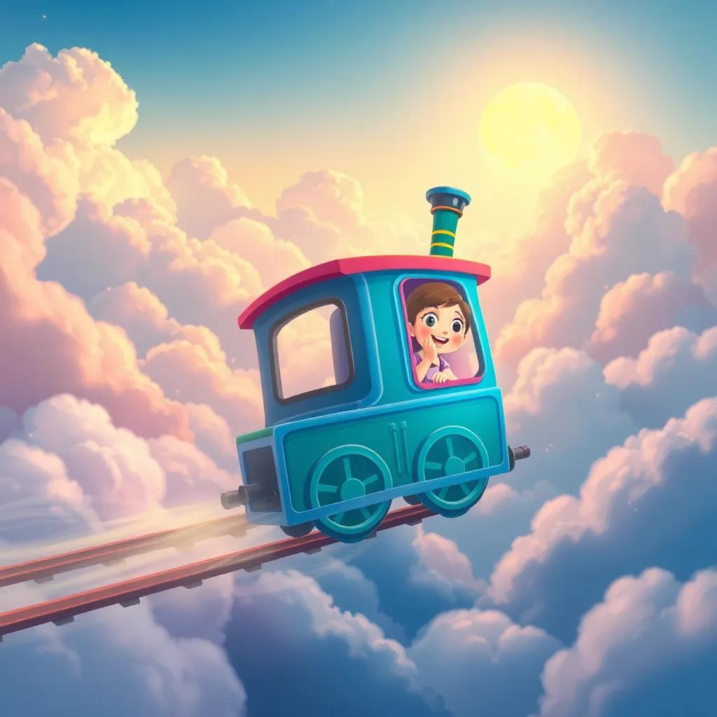 The magical train flying through the clouds with Luna inside, bright colors, excited expression, fantasy vibe, child-friendly scene