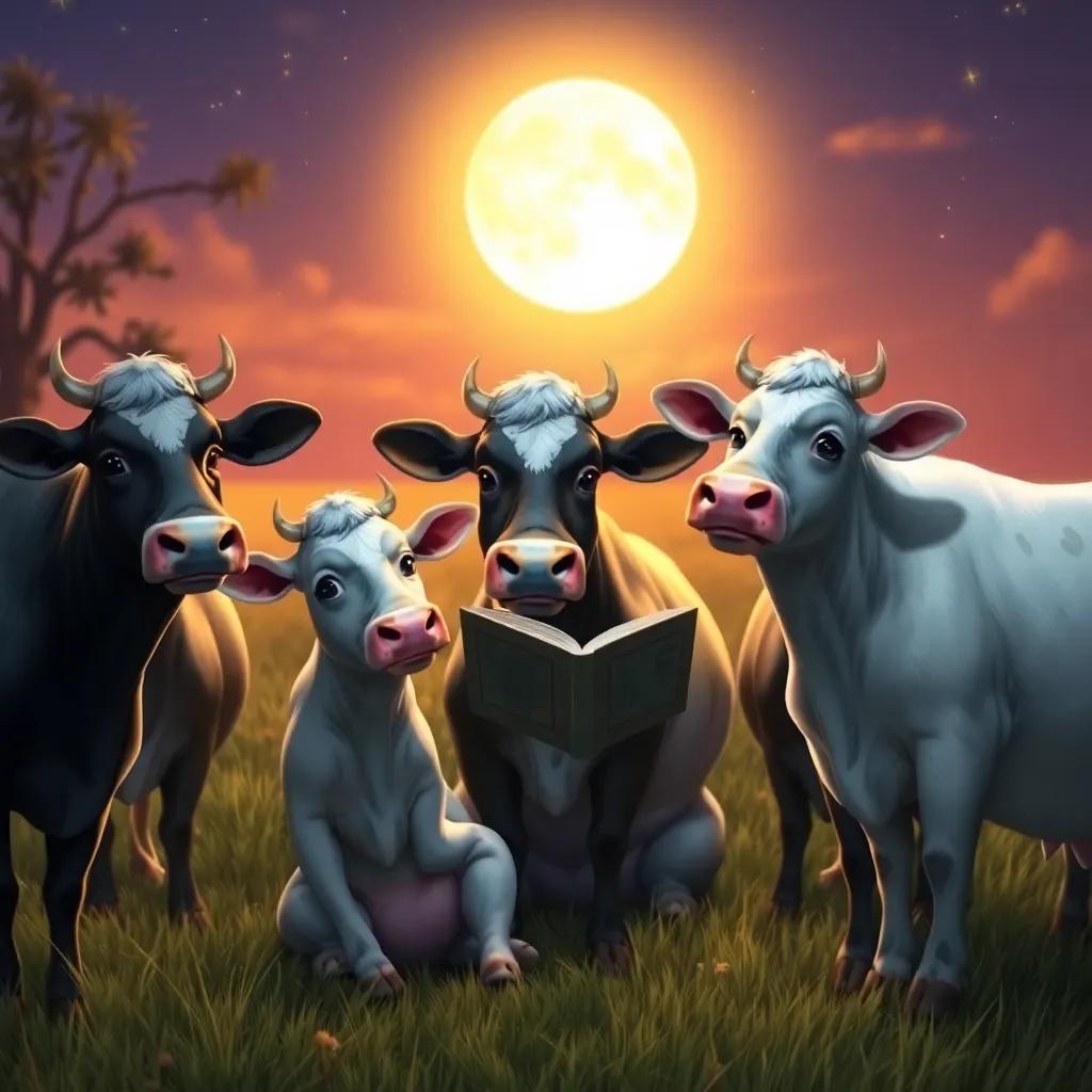 Luna sharing her travel stories with other cows in the field, all listening eagerly, cozy setting, warm light, joyful gathering