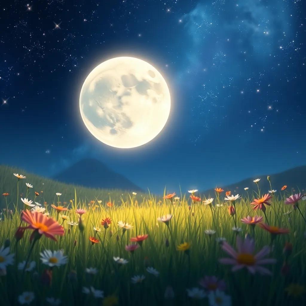 Luna dreaming of new adventures in the meadow, surrounded by flowers, sparkling stars in the sky, peaceful, enchanting scene