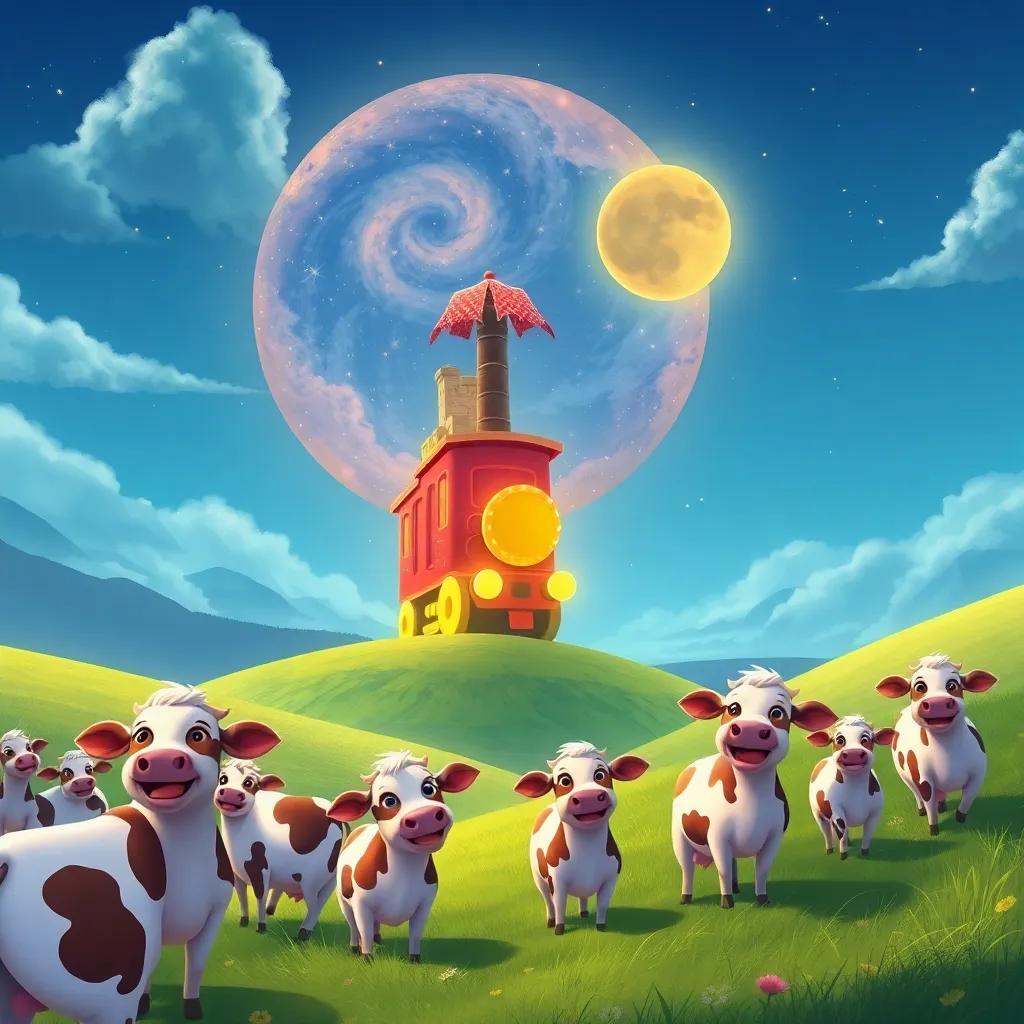 A legend of Luna and the magical train celebrated by the cows in the field, illustrations, happy cows, storytelling atmosphere