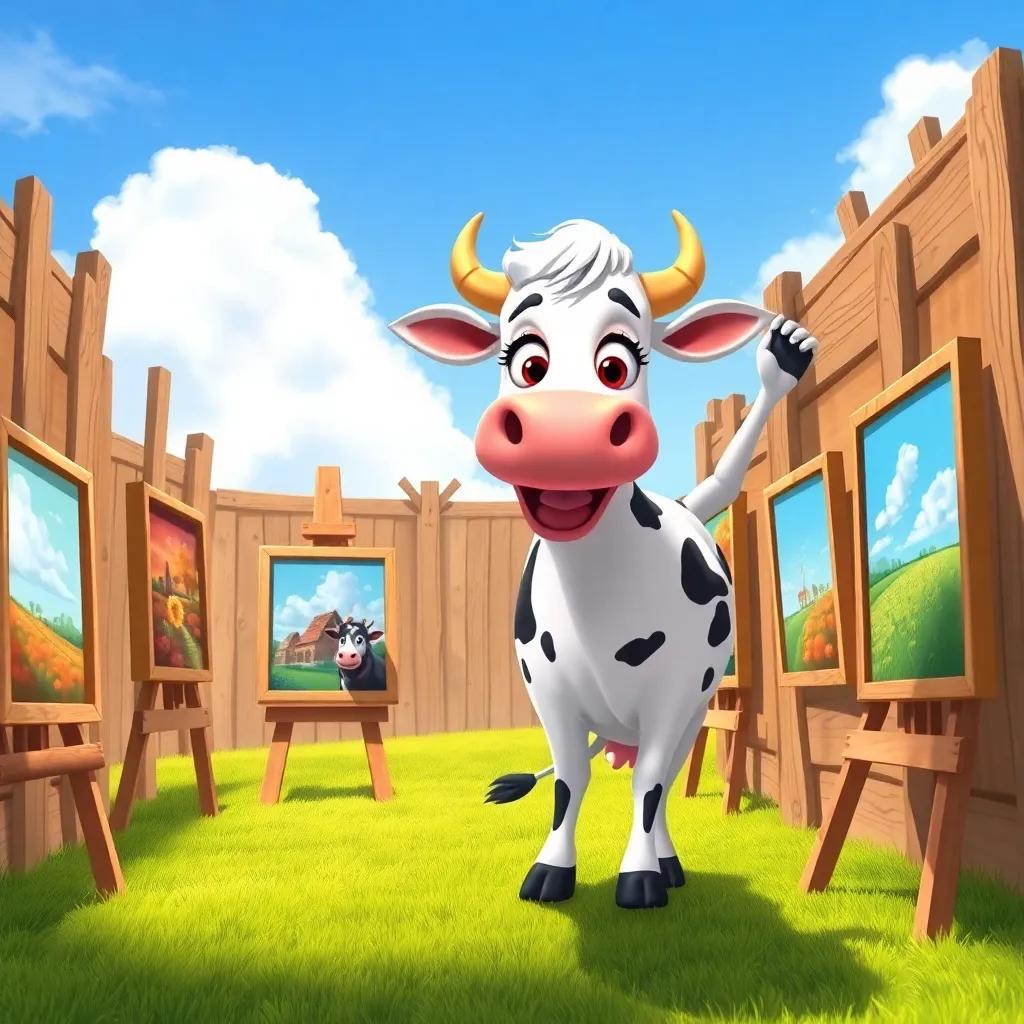 Clara the cow setting up her art gallery, placing paintings on wooden walls under a clear blue sky, smiling and excited, illustration, lively and engaging scene, sunny light, vibrant tones, warm ambience