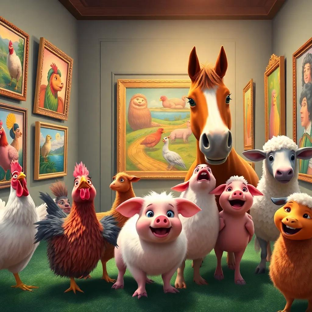 A group of animals including chickens, pigs, sheep, and Max the horse, arriving at Clara's gallery, looking amazed and joyful, exploring colorful paintings, cheerful atmosphere, digital painting, colorful, uplifting