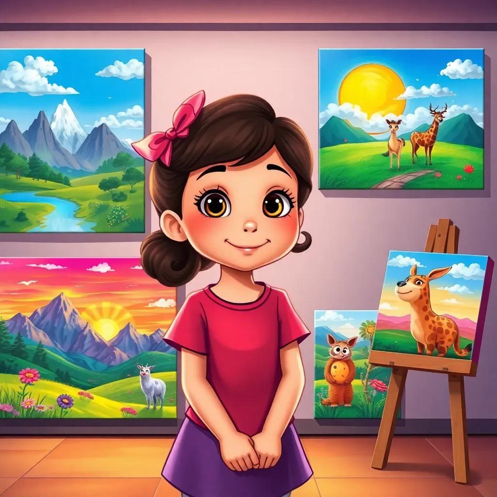 Clara's paintings displayed in the gallery, featuring landscapes, sunsets, and animal portraits, bright and colorful, imaginative art, lively scene, enchanting, high quality