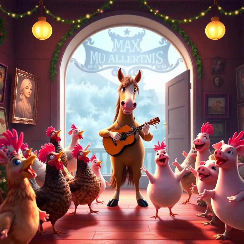 Max the horse playing music for the animals, with a joyful group of dancing chickens and pigs in front of Clara's gallery, joyful and festive mood, colorful, fun energy, bright lighting