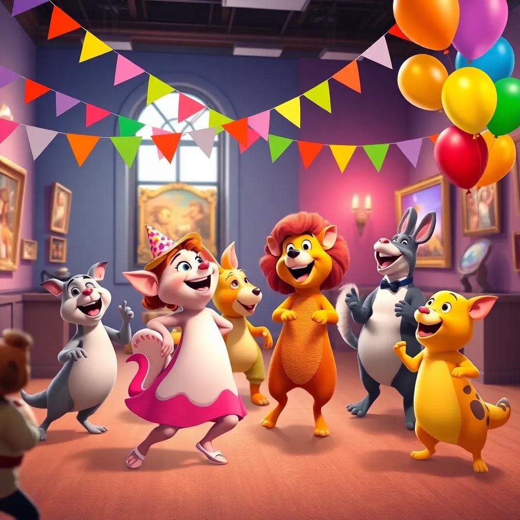 Animals dancing happily in Clara's gallery, enjoying the music, with colorful banners and balloons around, creating a party atmosphere, joyful and vibrant, digital art, engaging