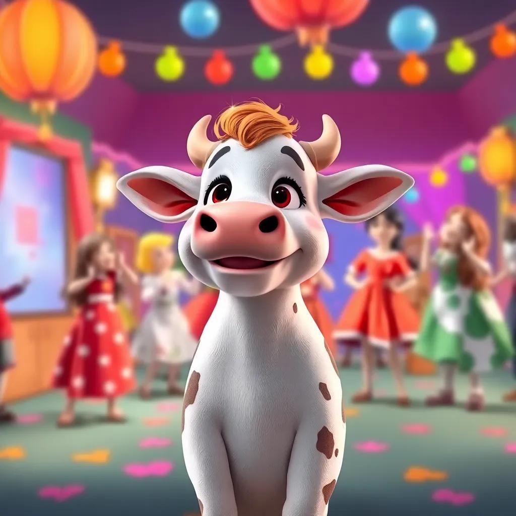Clara the cow watching her friends dance and have fun, feeling joyful and content, surrounded by colorful art, heartwarming scene, appropriate colors, bright and friendly atmosphere