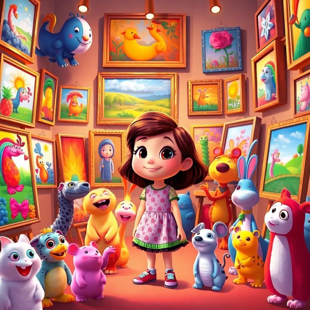 Clara's gallery full of colorful paintings and happy animals, celebrating art together, bright and cheerful environment, vibrant colors, exciting atmosphere, engaging scene