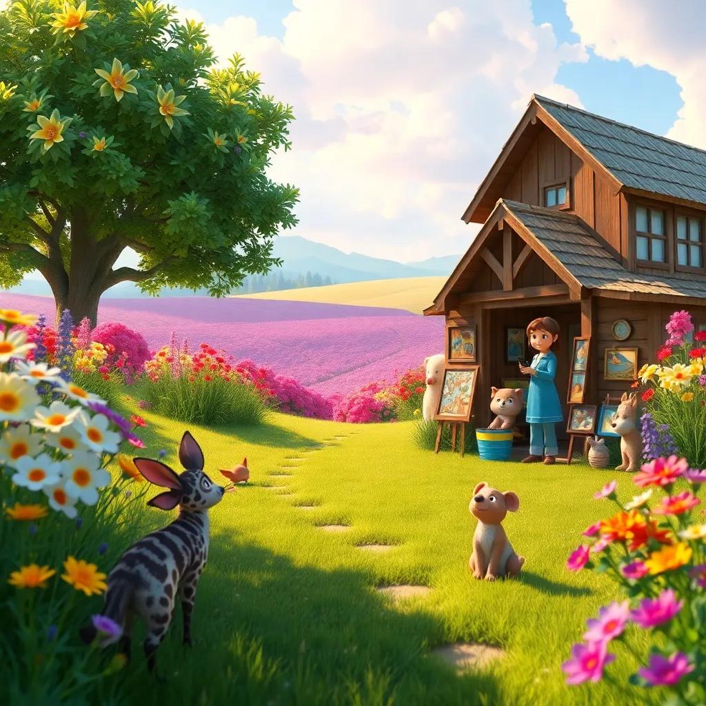 A beautiful scene in the countryside with Clara's art gallery, colorful flowers blooming, animals coming together to enjoy art, peaceful and vibrant, landscape digital art, high quality
