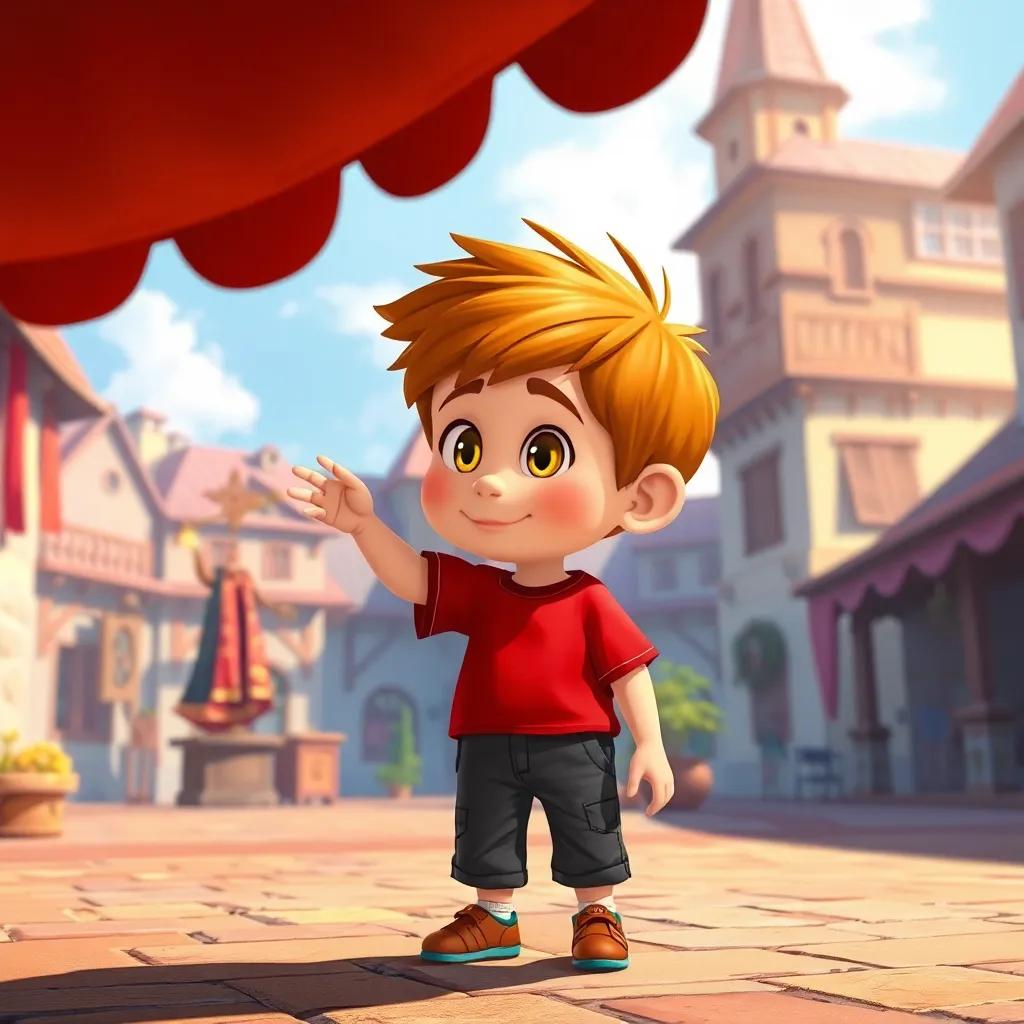 Lucas, un niño pequeño con cabello castaño y ojos curiosos, vistiendo una camiseta roja y pantalones cortos, viendo a un mago en la plaza del pueblo, lleno de colores brillantes, digital art, alegre, soleado