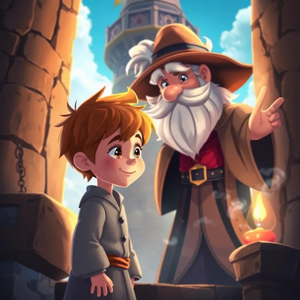 Lucas, un niño pequeño con cabello castaño y ojos curiosos, emocionado mientras le pide a un mago, un anciano con barba blanca y vestimenta de mago, que lo acepte como su aprendiz, en la torre mágica, ilustración, mágica, vibrante